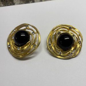 Pretty Gold Tone Black / Rhinestone Large Oversized Statement Clip On Earrings